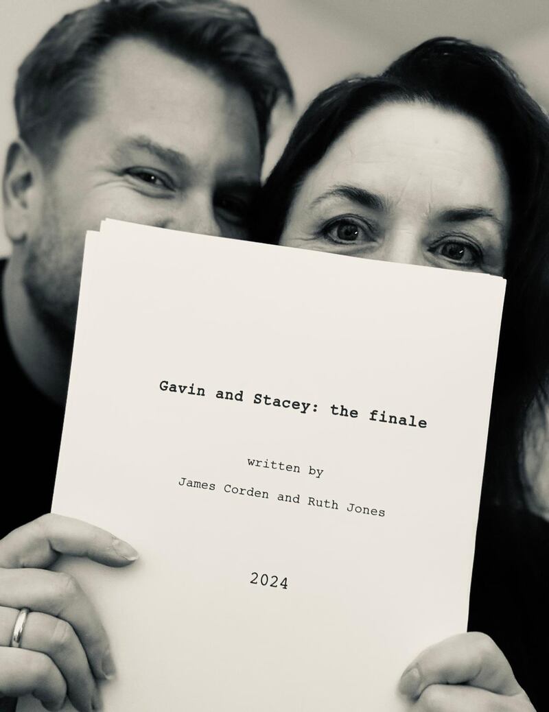 James Corden and Ruth Jones holding a script for Gavin and Stacey: The Finale, which the cast has described as a ‘masterpiece’