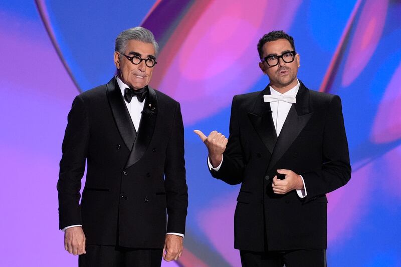 Hosts Eugene Levy and Dan Levy speak during the 76th Primetime Emmy Awards (AP Photo/Chris Pizzello)