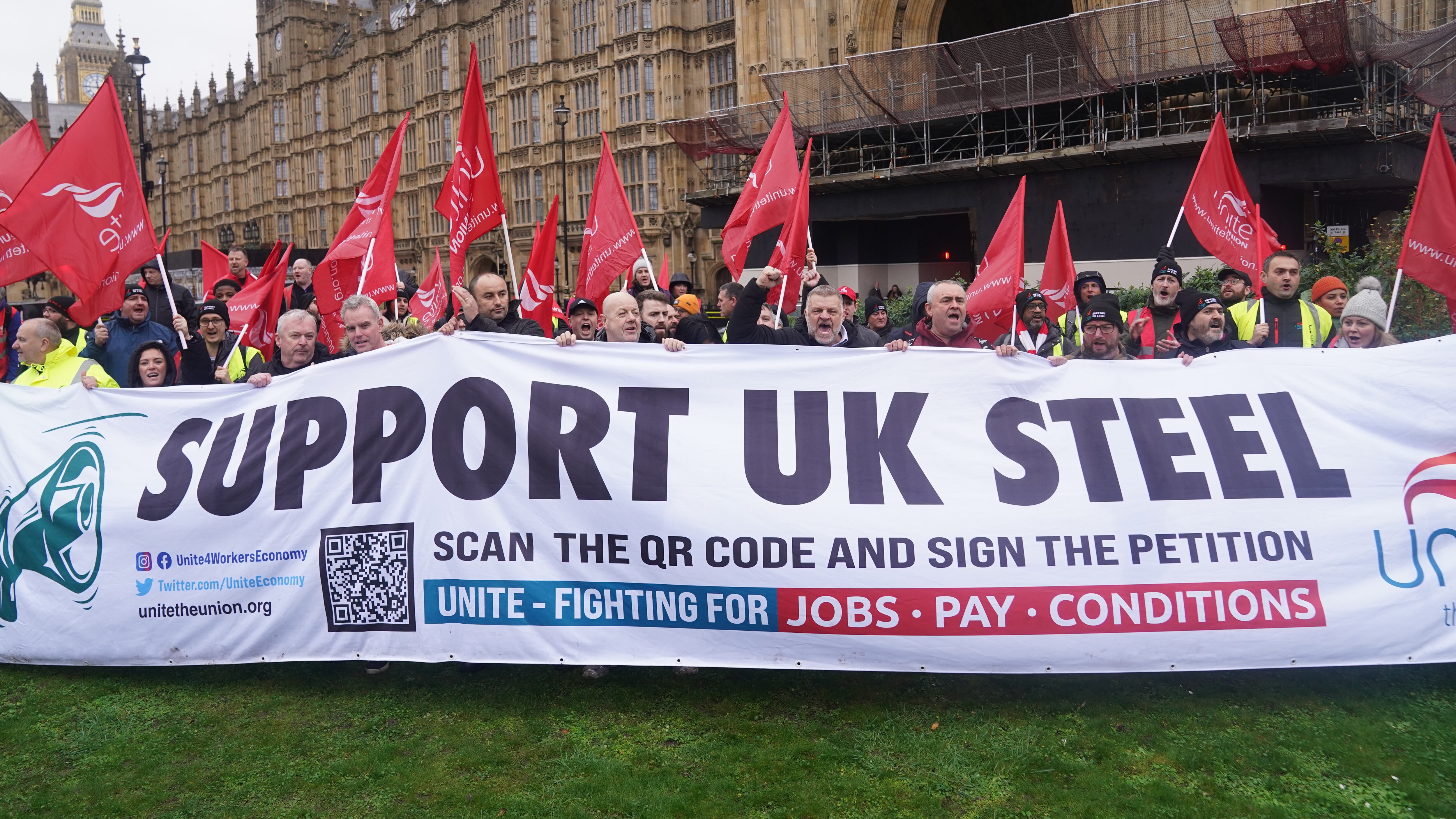 Workers from Tata’s Port Talbot steelworks gather at Westminster