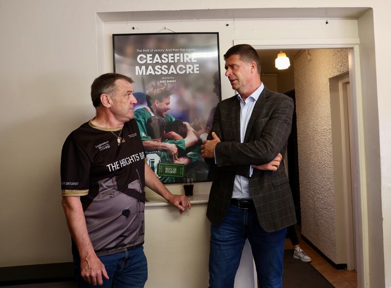 Former Ireland player
 Niall Quinn attends commemoration  with family members a to mark the 30th
 Anniversary of Loughinisland.
Six men were killed by UVF gunmen inside a Co Down bar where they had gathered to watch the World Cup.
PICTURE COLM LENAGHAN