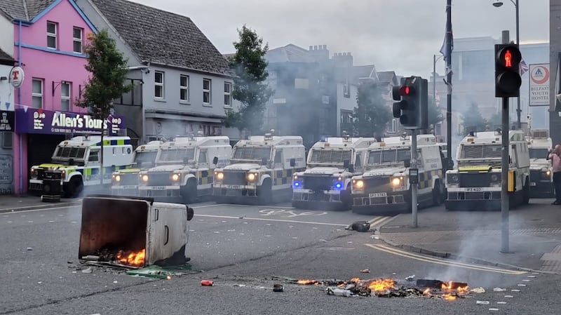 PSNI officers man road blocks in Belfast following an anti-Islamic protest outside Belfast City Hall