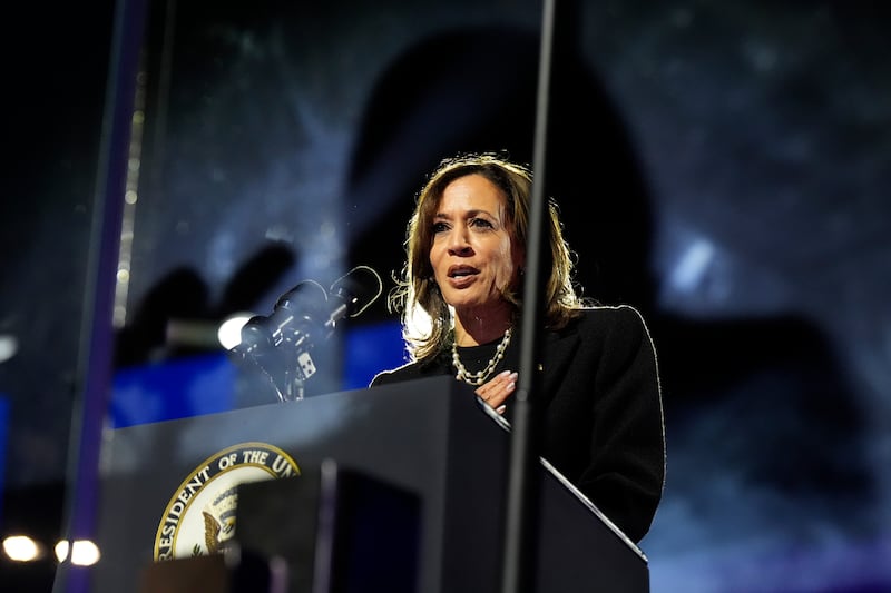 Democratic presidential nominee Vice President Kamala Harris speaks during a campaign rally outside the Philadelphia Museum of Art (Jacquelyn Martin/AP)