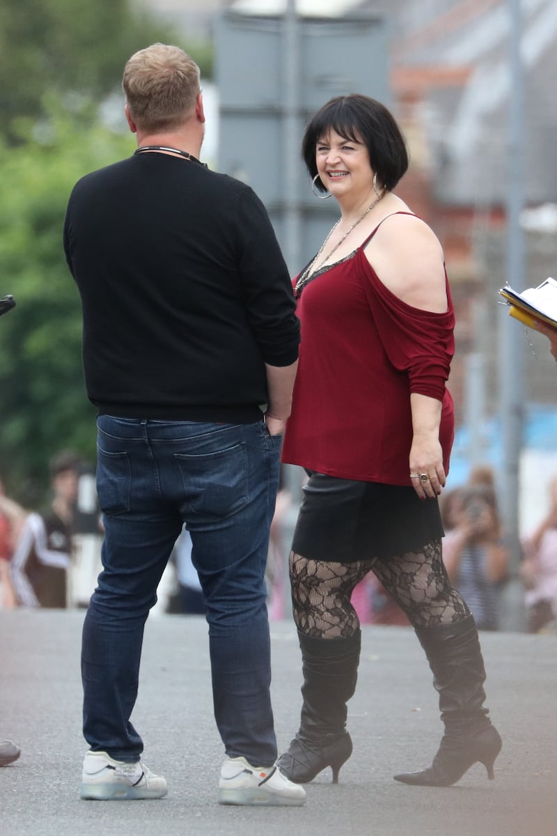 James Corden and Ruth Jones during filming for the Gavin And Stacey Christmas special at Barry in the Vale of Glamorgan, Wales, in 2019