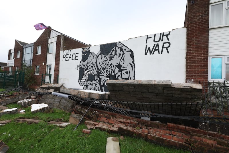 Bricks from the top rows of the mural have fallen amid high winds due to storm Darragh. Pic by Mal McCann.