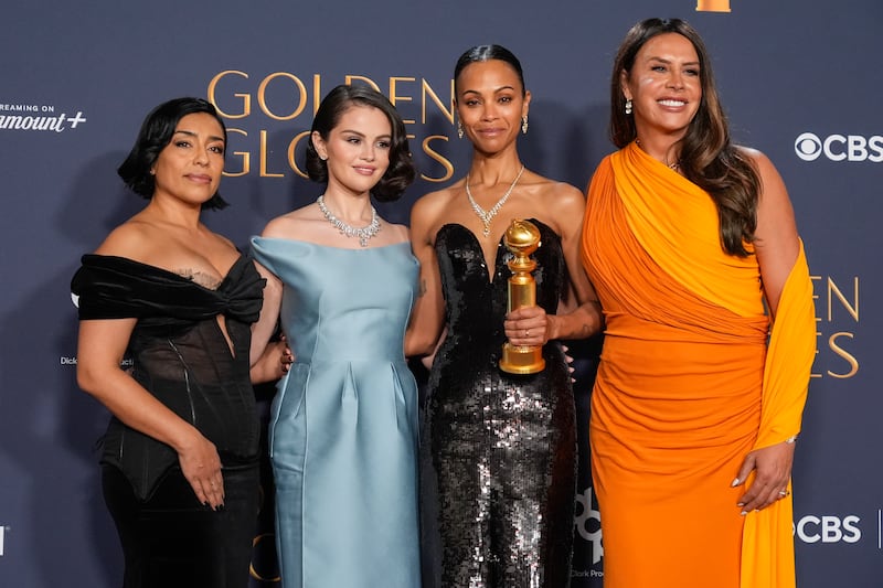 Adriana Paz, Selena Gomez, Zoe Saldana and Karla Sofia Gascon in the press room at the Beverly Hilton in Beverly Hills, California (Chris Pizzello/AP)