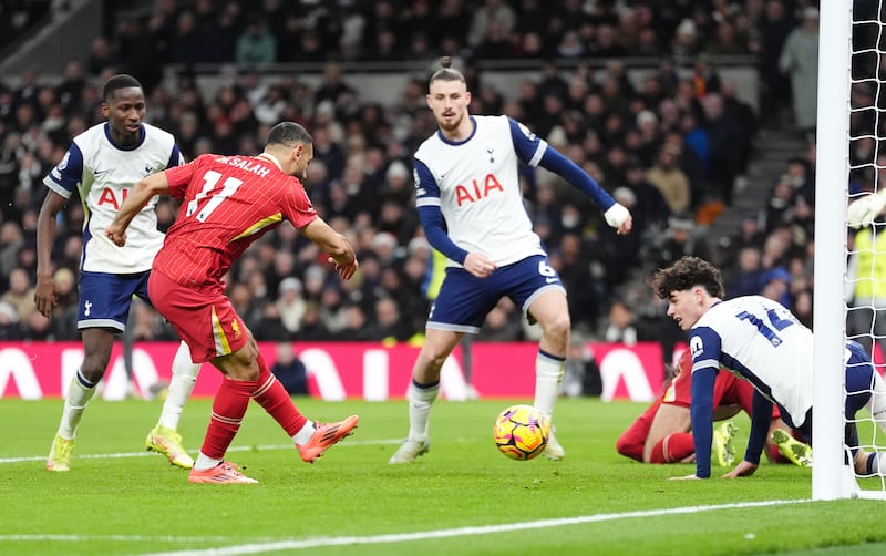 Salah (second left) netted his 18th goal of the season on Sunday