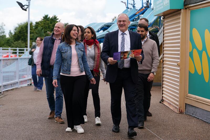 Liberal Democrats leader Sir Ed Davey, with Sarah Olney and Munira Wilson at Thorpe Park