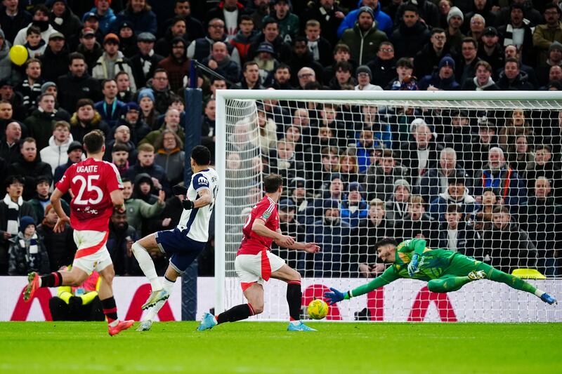 Dominic Solanke (second left) hits the third Tottenham goal