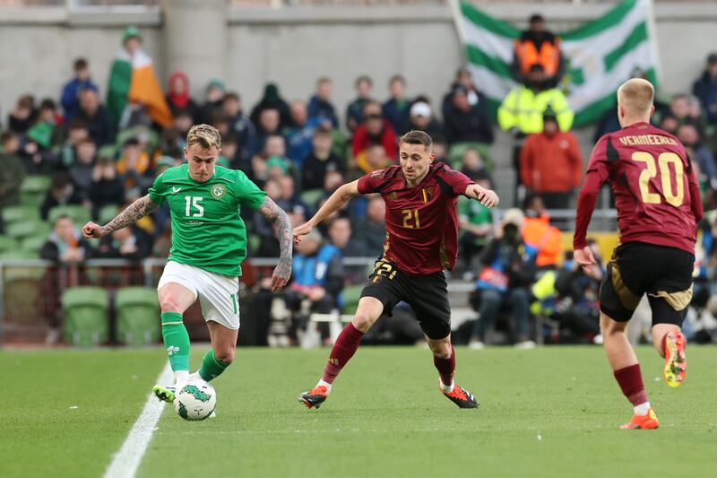 Sammie Szmodics, left, on the ball against Belgium