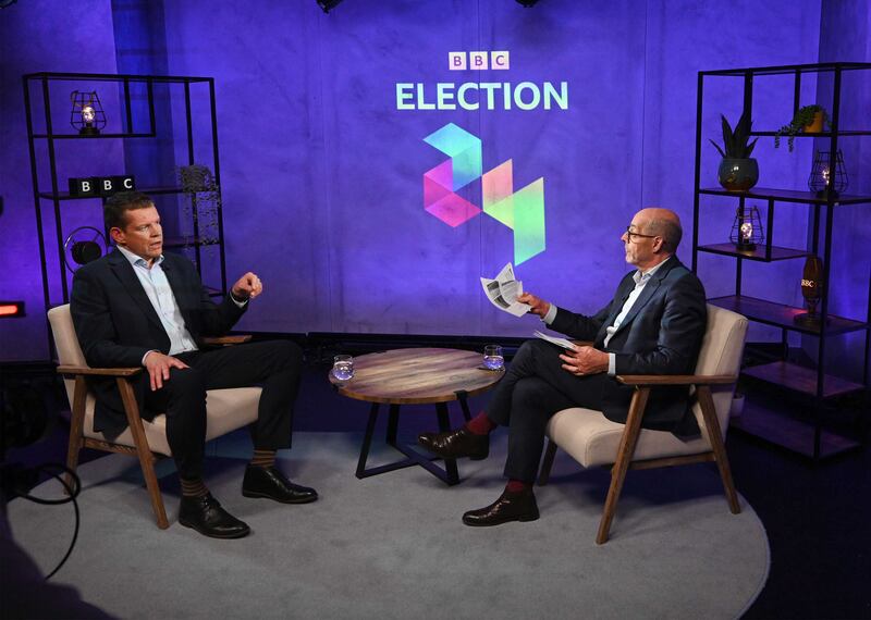 Rhun ap Iorwerth, leader of Plaid Cymru, talks to presenter Nick Robinson during a BBC General Election interview Panorama special (Jeff Overs/BBC)
