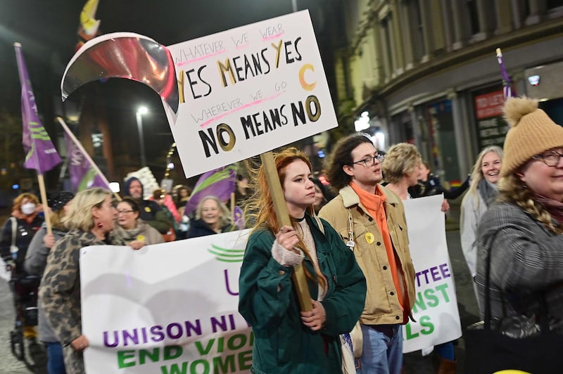 The Reclaim the Night march saw crowds make their way through Belfast city centre. PICTURE: COLM LENAGHAN