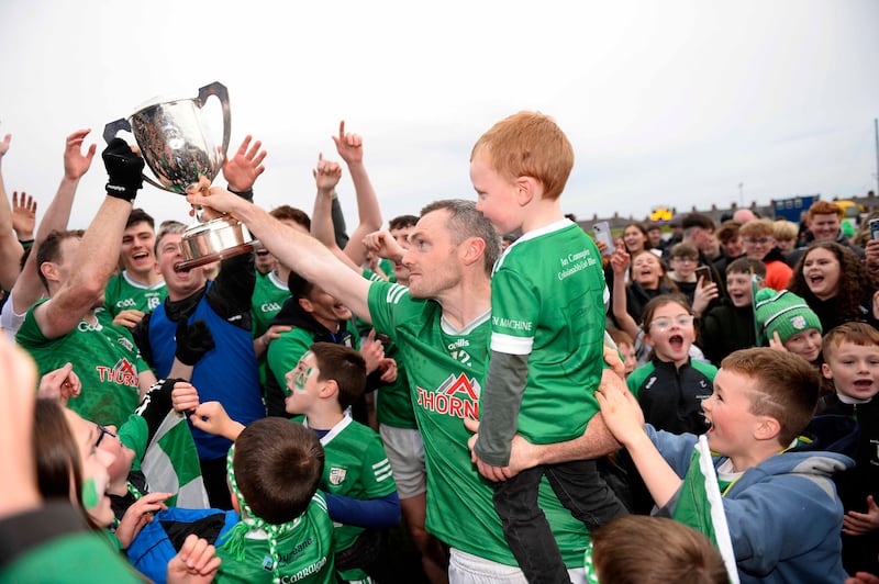 Cargin captain James Laverty celebrates after Sunday's county final over Portglenone at Corrigan Park 
Picture: Mark Marlow