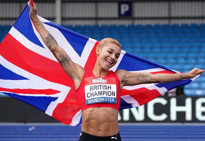 Jodie Williams celebrating winning the women’s 200m final the Muller British Athletics Championships in 2021 at Manchester Regional Arena