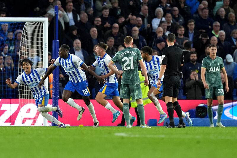 Danny Welbeck celebrates after scoring Brighton’s third goal against Spurs