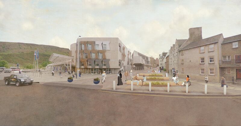 The plan imagines a new seating area outside the Scottish parliament