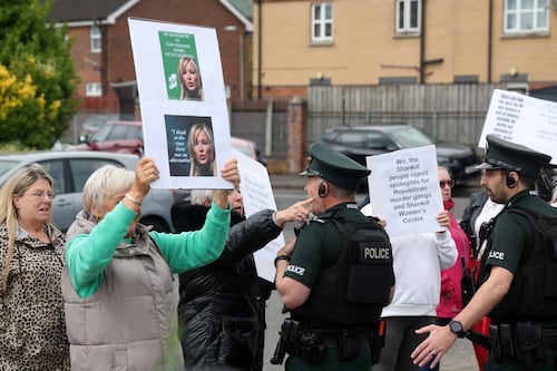 Protest at Shankill Women’s Centre ahead of visit by Sinn Féin’s Michelle O’Neill