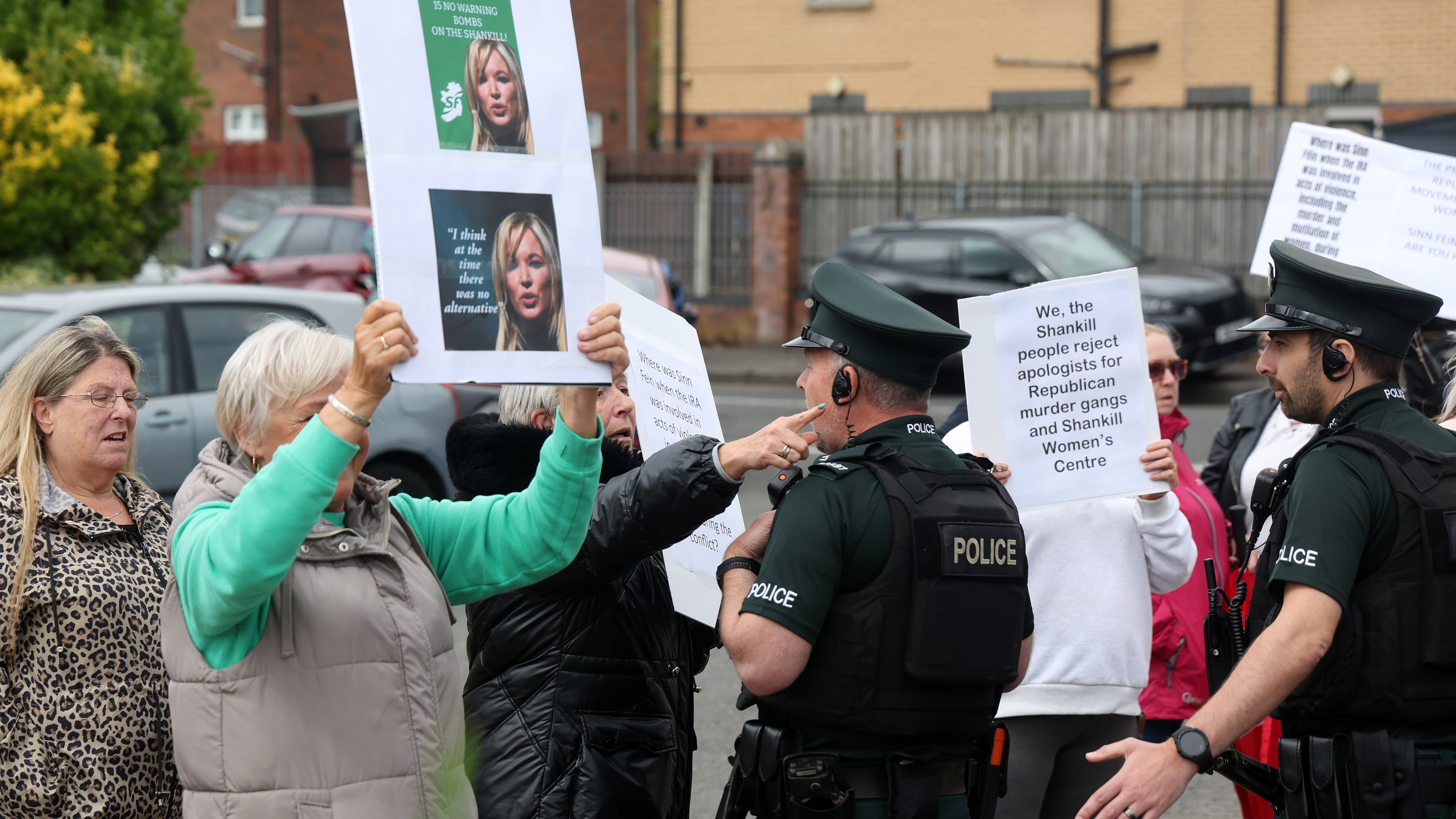 Protesters outside the Shankill Womens Centre where First and Deputy FIrst Ministers Michelle O'Neill and Emma Little Pengelly where attending the official opening NO BYLINE