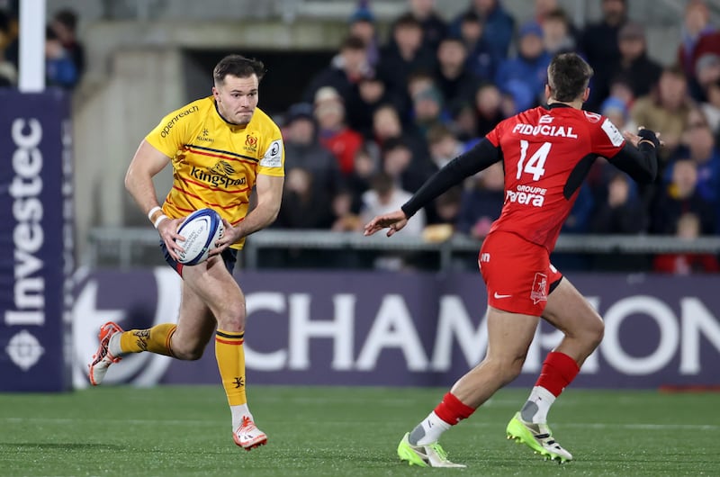 Ulster's Jacob Stockdale and Stade Toulousain's Juan Mallia in action during the Investec Champions Cup match at the Kingspan Stadium, Belfast. Picture date: Saturday January 13, 2024.