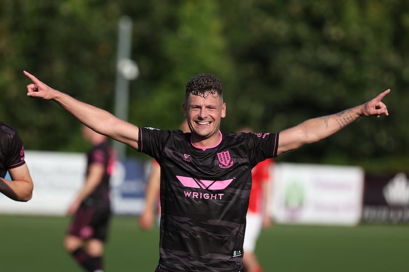 Ballymena's Ben Kennedy celebrates his winner against Larne at Inver Park