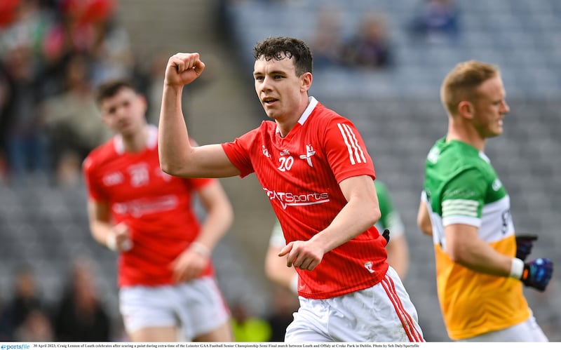 Craig Lennon of Louth celebrates scoring an extra-time point in the win over Offaly at Croke Park Picture by Sportsfile
