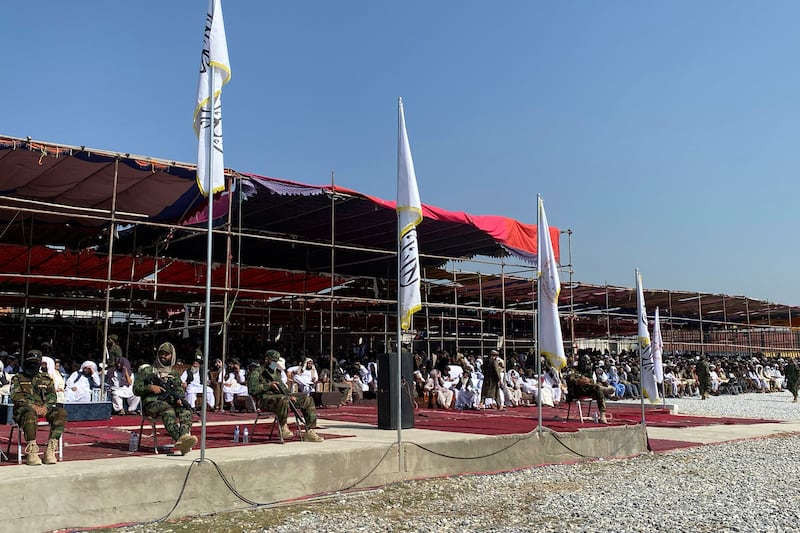 Taliban leaders and fighters at a ceremony to celebrate the third anniversary of the withdrawal of US-led troops from Afghanistan (Siddiqullah Alizai/AP)