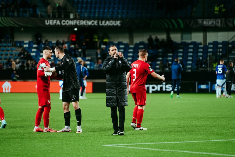 Larne manager Tiernan Lynch applauds the travelling the fans support after Thursday nights 3 0 defeat away to Molde