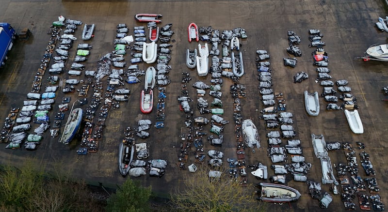 A view of confiscated small boats and outboard motors used to cross the Channel