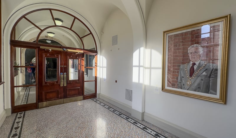 The empty space on the wall outside The Banqueting Hall of Belfast City Hall, where the portrait of DUP lord mayor Lord Wallace Browne once hung