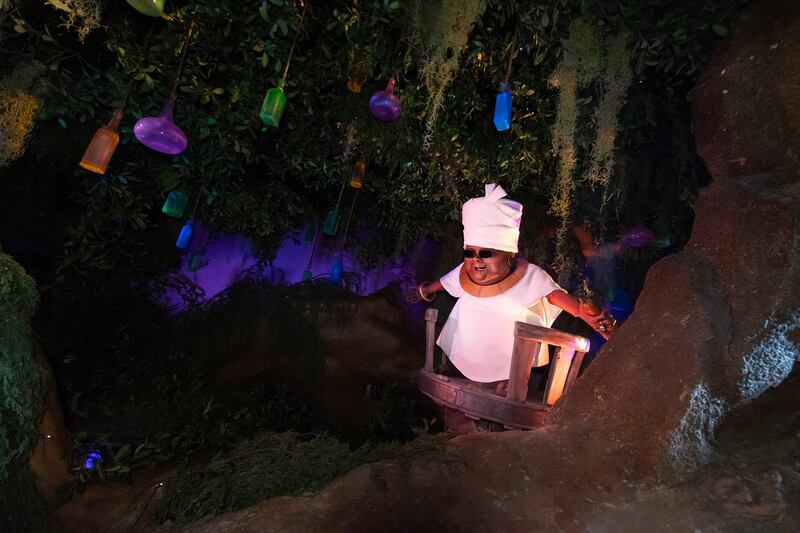 An animatronic of Mama Odie on the Tiana’s Bayou Adventure attraction at Walt Disney World in Florida