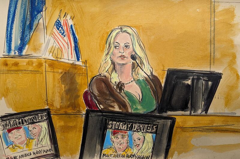 Stormy Daniels in the witness box in Manhattan Criminal Court last Thursday in New York (Elizabeth Williams via AP)