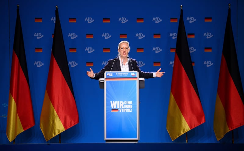 The AfD’s Alice Weidel speaks at the national party conference in Essen (Bernd von Jutrczenka/dpa via AP)
