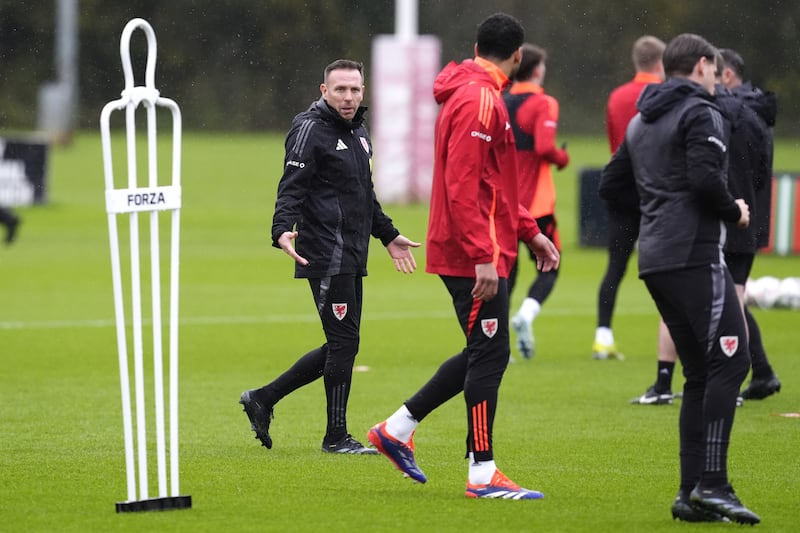 Manager Craig Bellamy, left, at a Wales training session ahead of their Nations League game with Iceland