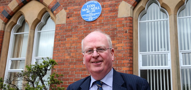 Senator Michael McDowell at the unveiling of a blue plaque by the Ulster History Circle to commemorate his grandfather Eoin Mac Neill at St Malachy's College, Belfast Picture Mal McCann&nbsp;