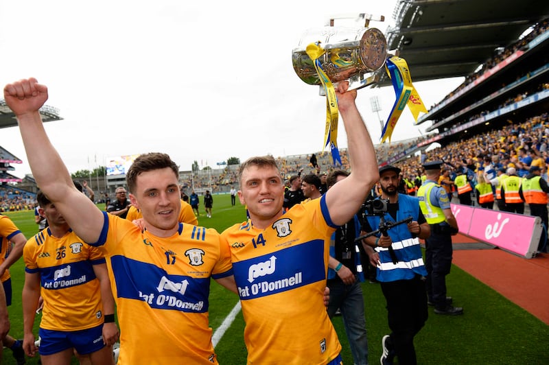 Clares Rory Hayes and Shane O’Donnell (right) with the Liam MacCarthy Cup following the All-Ireland Senior Hurling Championship final at Croke Park 
Picture: Mark Marlow