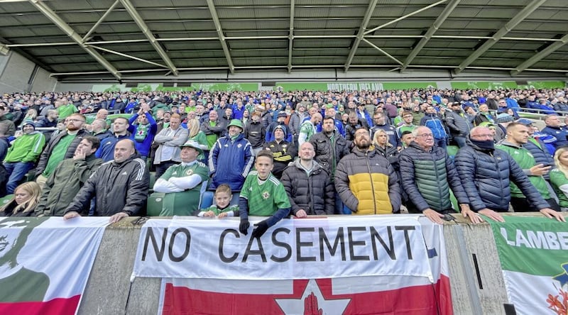 Some Northern Ireland fans show their opposition to games played at rebuilt Casement Park