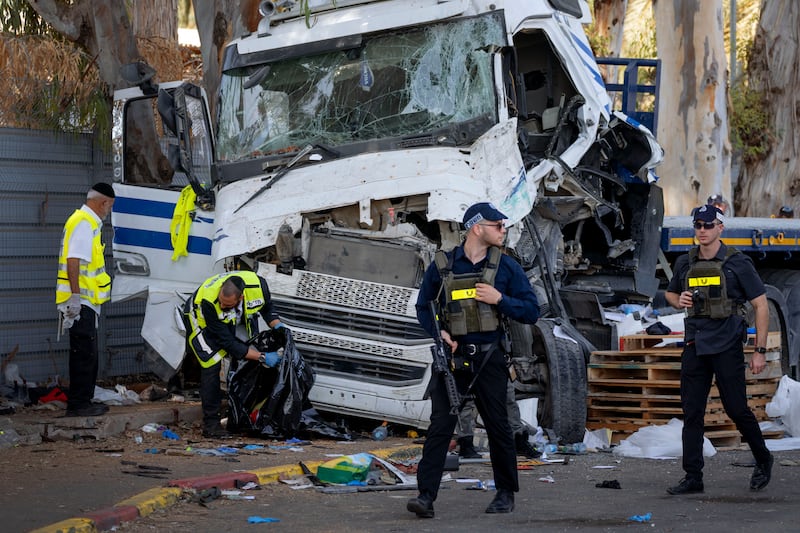 A truck rammed into a bus stop near an army base in Ramat Hasharon, Israel (Oded Balilty/AP)