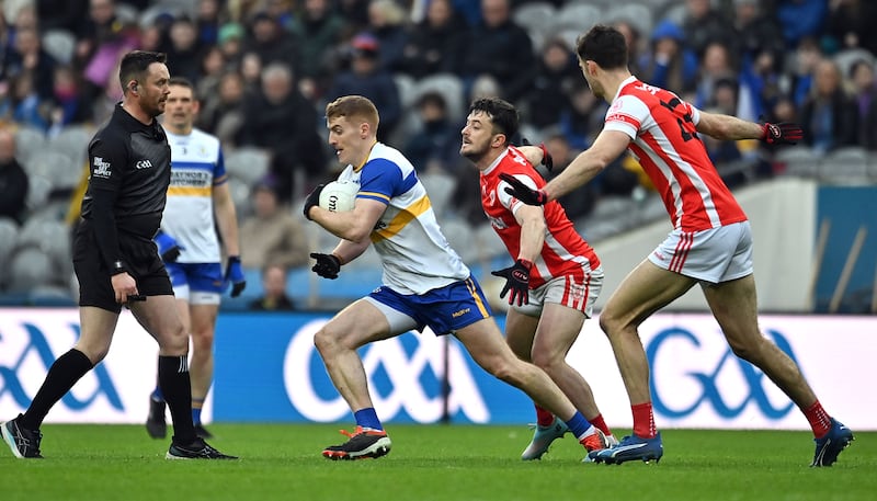 Peter Harte of Errigal Ciaran running with the ball against Cuala in the All-Ireland Club SFC final at Croke Park.