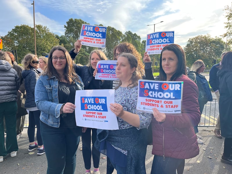 Parents demonstrate in support of St Leonard’s Catholic School, Durham, which has been disrupted by substandard reinforced autoclaved aerated concrete (Raac)