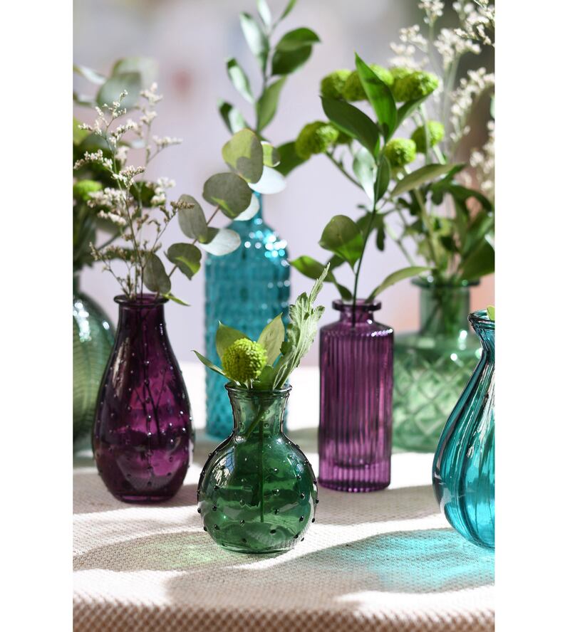 Assorted Glass Vases: Green Dimple, £3.99 (centre front); Glass Vase in Teal Honeycom, £4.99 (back centre); Glass Vase in Purple Dimple Pear Bud, £4.99 (front left), rest of items from a selection, Gisela Graham