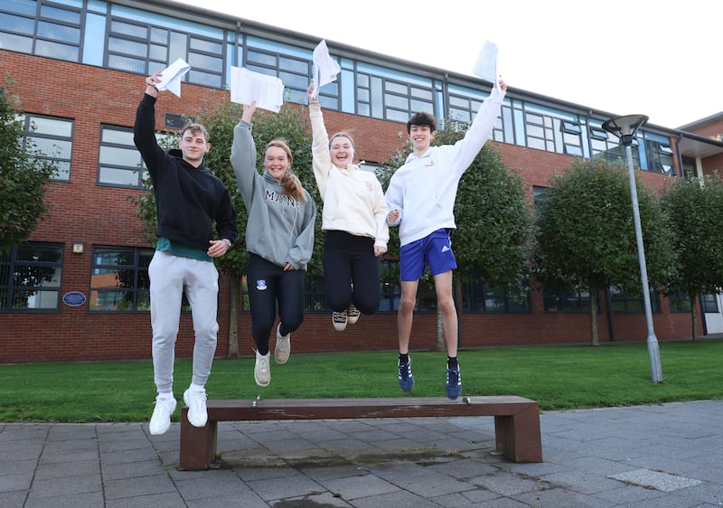 A Students from L-R Malachy Tohill , Alice Hanna, Katherine Dickson and Danny Chew who receive their GCSE results at Our Lady and St Patrick's College Knock.
PICTURE COLM LENAGHAN