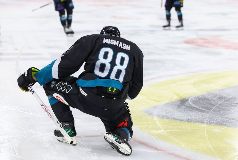 Belfast Giants’ Grant Mismash celebrates scoring his second goal against the Glasgow Clan during Sunday’s Challenge Cup game at the SSE Arena, Belfast.