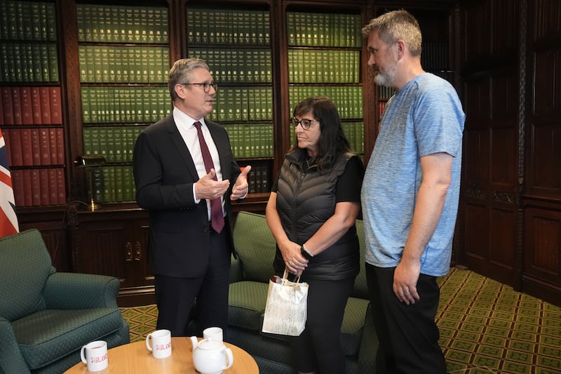 Figen Murray, mother of Manchester Arena bombing victim Martyn Hett, and her husband Stuart speaking to Sir Keir Starmer about Martyn’s Law