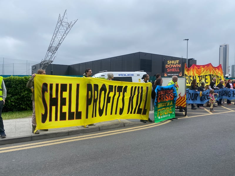 Protesters gather outside Shell’s AGM.