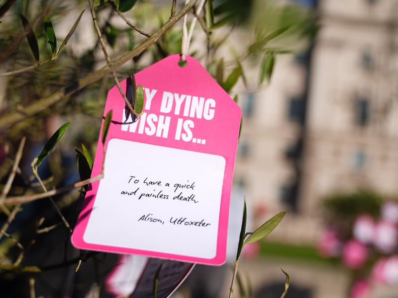 Hundreds of ‘dying wishes’ written by people across the country were attached to trees in Parliament Square as part of the Dignity in Dying campaign