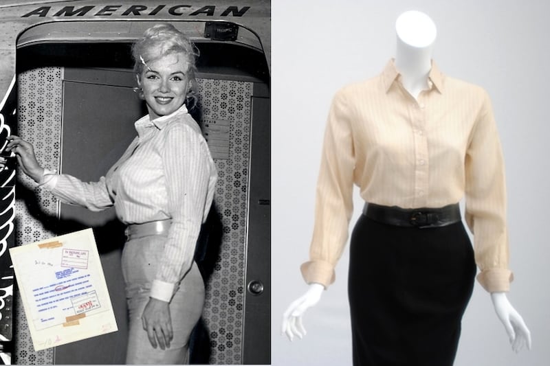 Marilyn Monroe’s striped cream-white blouse combined with her black pencil skirt and leather belt including original press. (Ted Stampfer Collection)