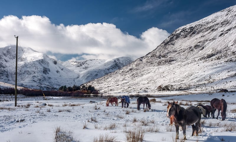 Snow covered Ogwen Valley in winter, Snowdonia, Wales