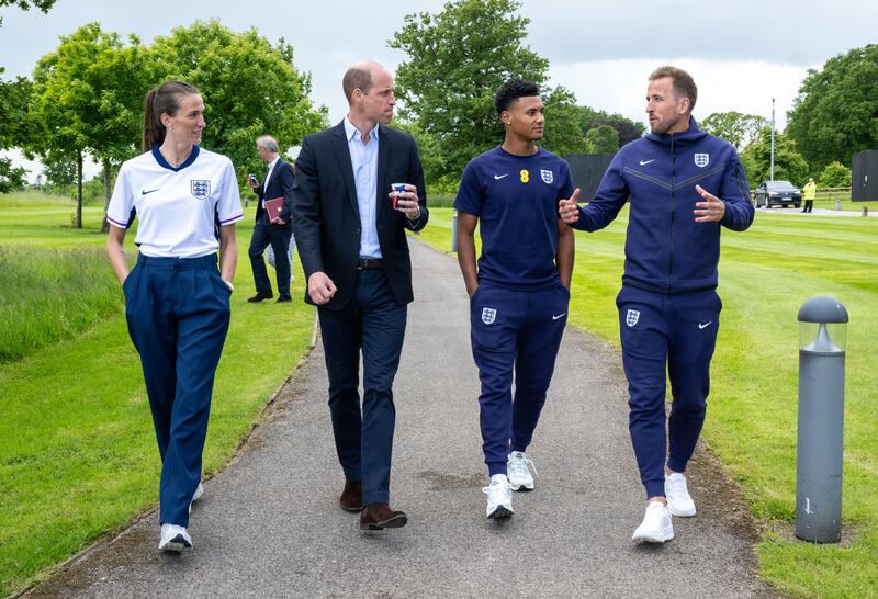 (left to right) Jill Scott, the Prince of Wales, Ollie Watkins and Harry Kane at St George’s Park