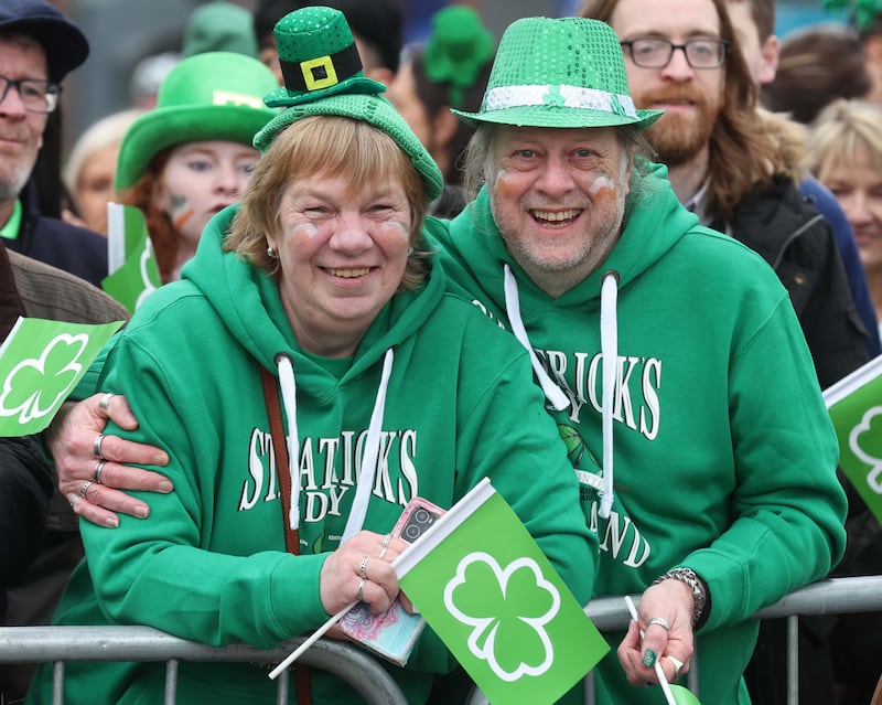 Performers entertain the crowd as  Thousands line the streets for the St Patrick’s day Parade in Belfast on Sunday.
PICTURE COLM LENAGHAN