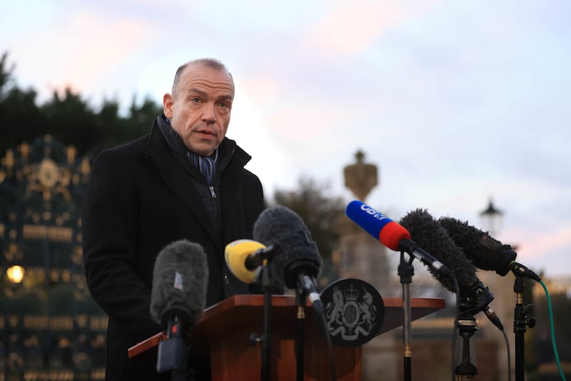 Northern Ireland Secretary Chris Heaton-Harris speaking to the media outside Hillsborough Castle after meeting political parties over the Stormont stalemate