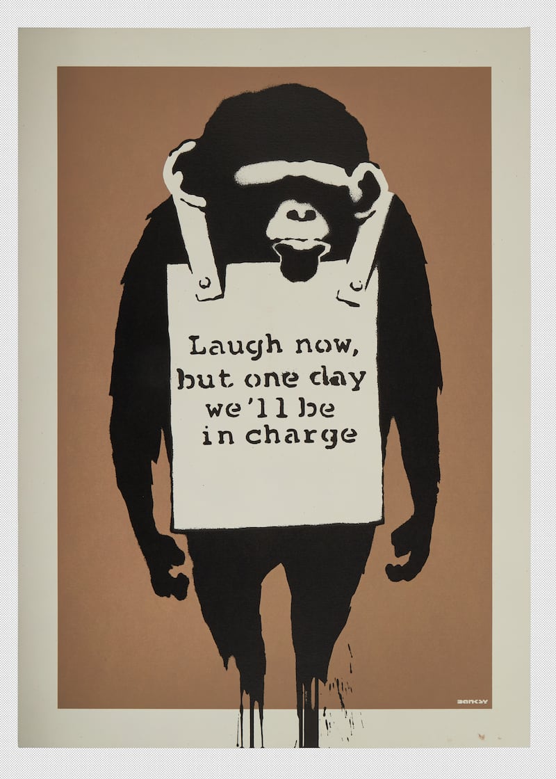 Laugh Now by Banksy, which went up for sale in the Under Duress: The Banksy Archive of Steve Larazides auction